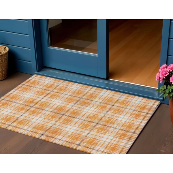 Homeroots 3' X 5' Orange Blue And Ivory Plaid Washable Indoor Outdoor Area Rug 597123 - main