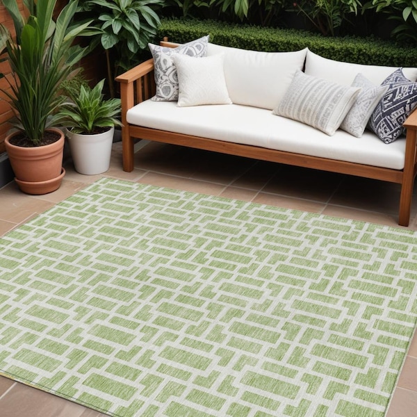 Homeroots 9' X 12' Artichoke Green And Ivory Geometric Washable Indoor Outdoor Area Rug 594825 - main