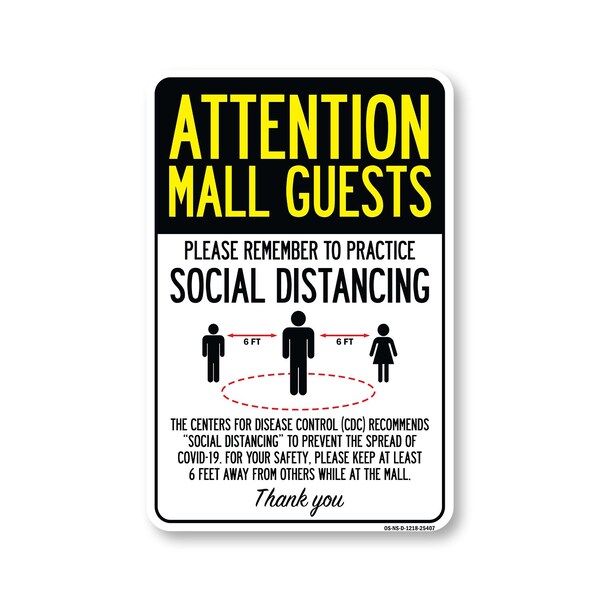 Signmission Public Safety Sign, Mall Guests Practice Social Distancing, 18in X 12in Decal, OS-NS-D-1218-25407 OS-NS-D-1218-25407 - main