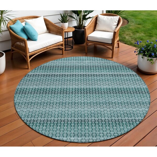 Homeroots 8' Teal Blue And Aqua Round Striped Washable Indoor Outdoor Area Rug 610614 - main