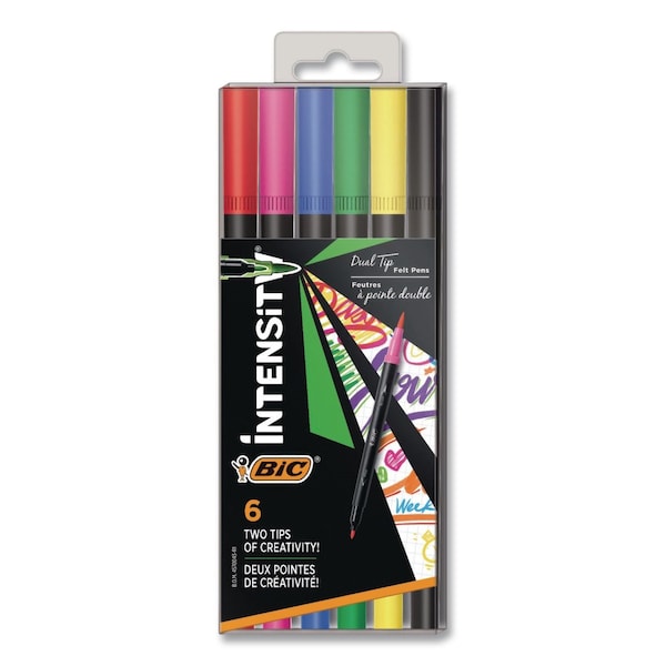 Bic Intensity Fineliner Dual Tip Felt Pen, Stick, Fine 0.7 mm Bullet, Assorted Colors, 6PK FPINDP61-AST - main