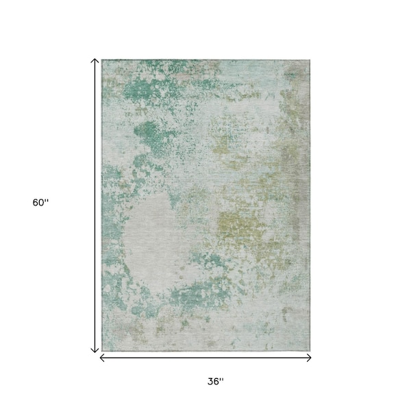 Homeroots 3' X 5' Beige Teal Blue And Ivory Abstract Washable Indoor Outdoor Area Rug 630807 - main