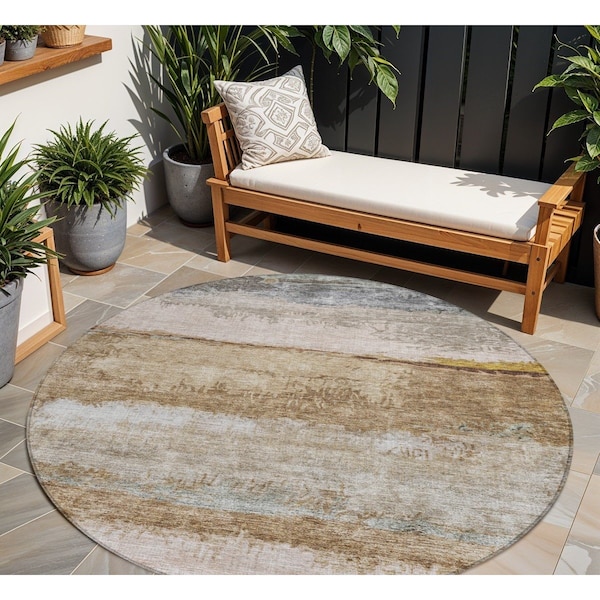 Homeroots 8' Beige Brown And Gray Round Abstract Washable Indoor Outdoor Area Rug 605975 - main