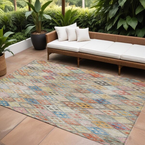 Homeroots 10' X 14' Terra Cotta Beige And Teal Blue Geometric Washable Indoor Outdoor Area Rug 603286 - main