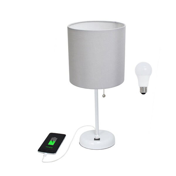 Homeroots 20" White Metal USB Table Lamp LED With Gray Drum Shade 643235 - main
