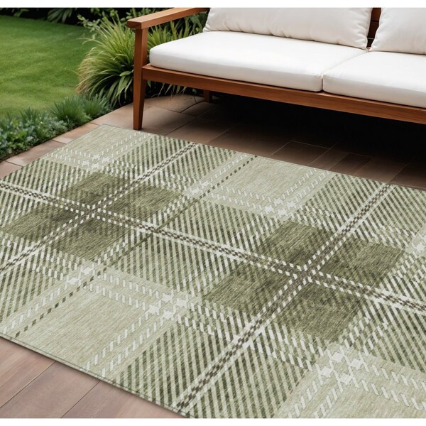 Homeroots 9' X 12' Artichoke Green Brown And Ivory Plaid Washable Indoor Outdoor Area Rug 596307 - main