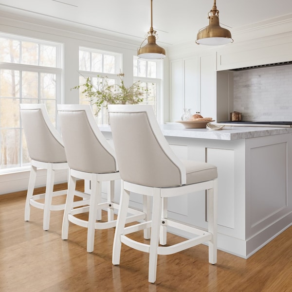 Homeroots 26" Gray And White Faux Leather And Solid Wood Counter Height Swivel Bar Chair 550091 - main
