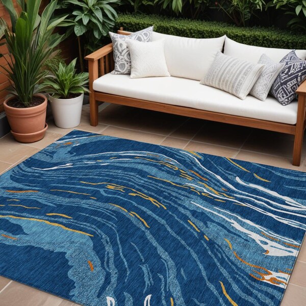 Homeroots 9' X 12' Navy Blue Gold And Copper Abstract Washable Indoor Outdoor Area Rug 600244 - main
