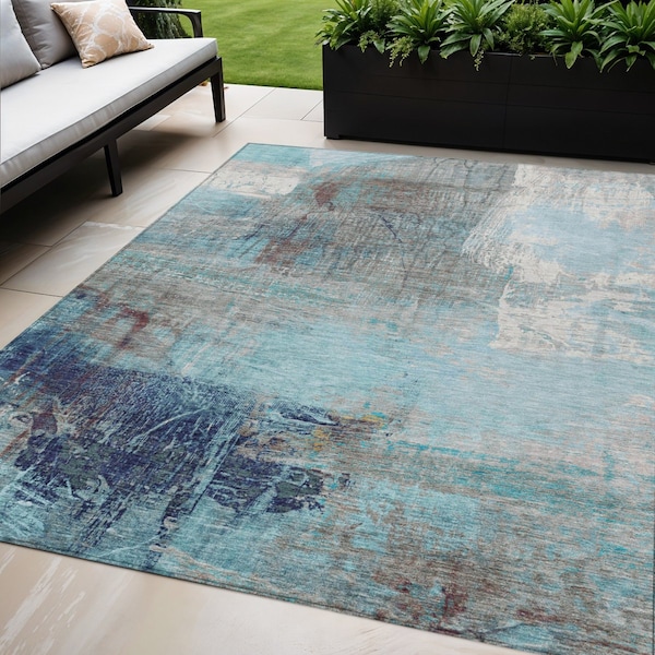 Homeroots 5' X 8' Teal Blue And Gray Abstract Washable Indoor Outdoor Area Rug 632036 - main
