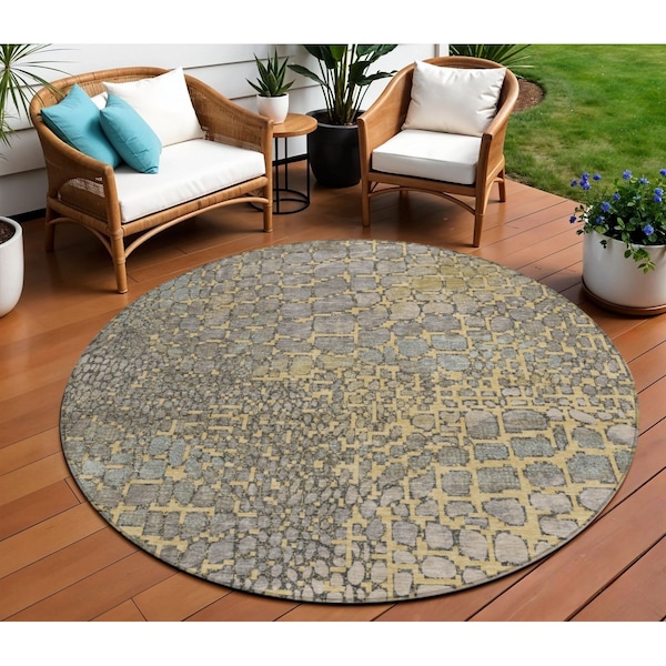 Homeroots 8' Gold And Gray Round Abstract Washable Indoor Outdoor Area Rug 596796 - main