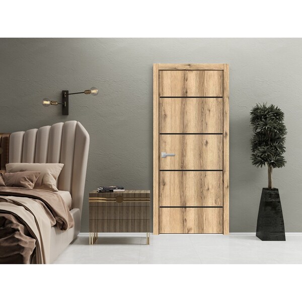Sartodoors Modern Wood Interior Door with Hardware, Planum 0015 Oak and Aluminum Strips, Single Panel Frame Tr PLANUM0015ID-DUB-3084 - main