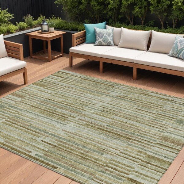 Homeroots 8' X 10' Khaki And Olive Green Striped Washable Indoor Outdoor Area Rug 631542 - main
