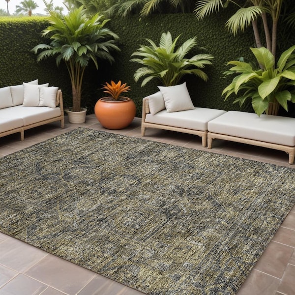 Homeroots 10' X 14' Dark Moss Green and Gray Oriental Washable Non Skid Indoor Outdoor Area Rug 563807 - main