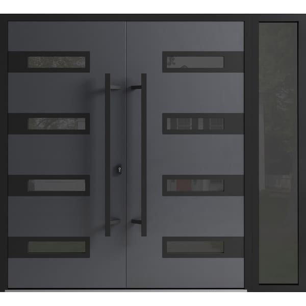 Vdomdoors Front Exterior Prehung Aluminum Double Doors Ronex0131 Grey 1 Sidelight Mirrored Clear Glass 1 RONEX0131DEXD-GRE-W72+16xH96-RH-I - main