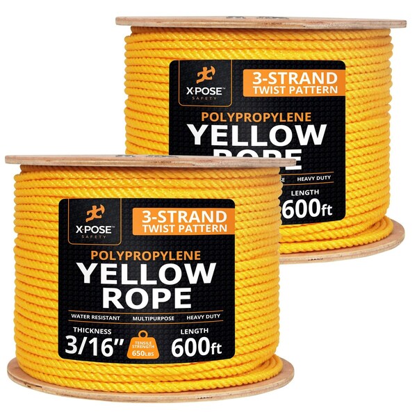 Xpose Safety 5/16in x 600 ft Twisted Polypropylene Rope, Yellow, 2PK YPR516-600-2-X - main