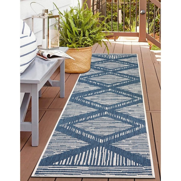 World Rug Gallery Contemporary Geometric Stripe Weather Resistant Reversible Indoor/Outdoor Rug 2 ft x 7 ft Blue WR109BLUE2X7 - main
