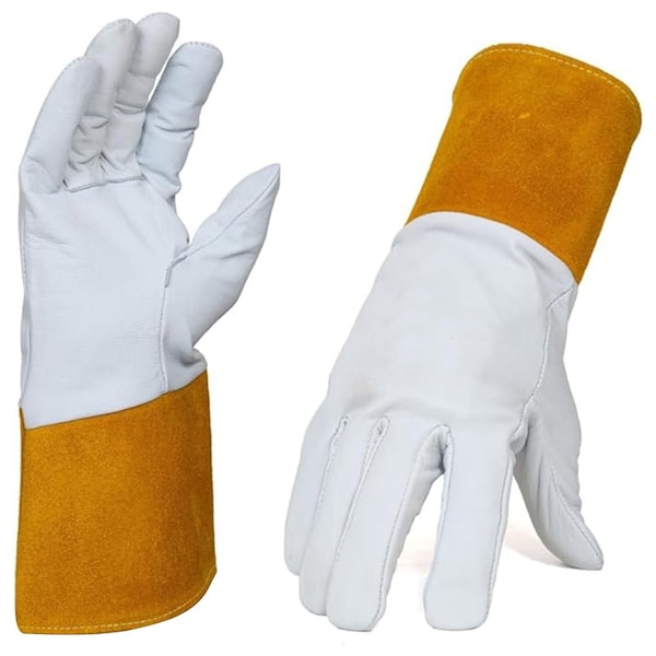 Supremeplus Grain Cowhide Leather MIG Welding Gloves with Extended Yellow Cuff, White, Size: Large, Pair 1 SP-6489 - main