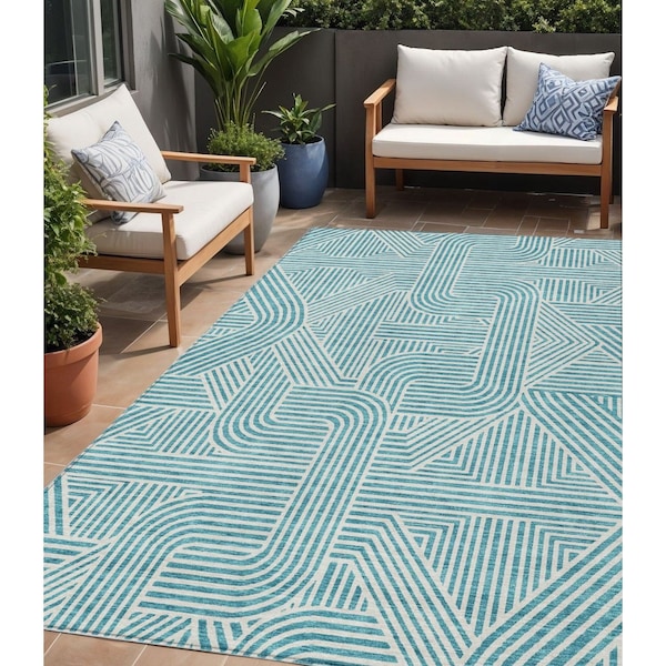 Homeroots 5' X 8' Teal Blue And Ivory Abstract Washable Indoor Outdoor Area Rug 594960 - main