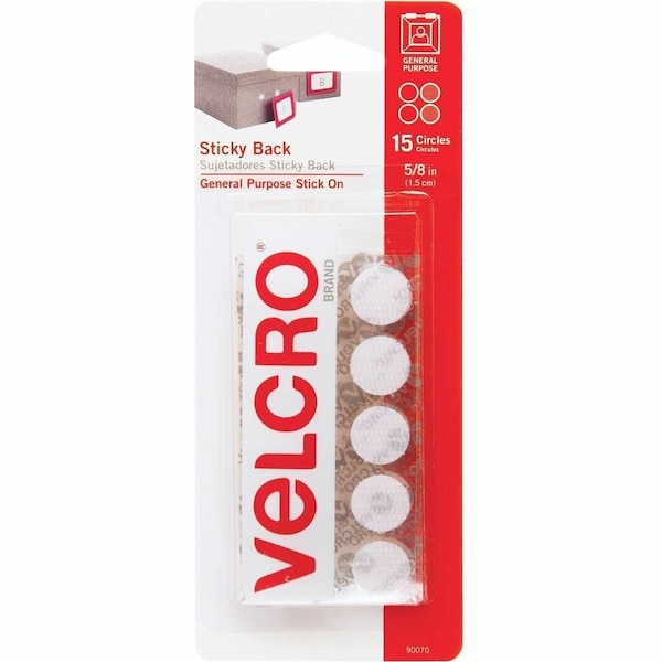 Velcro Brand reg Brand Sticky Back Circles, 58in Circles, White, 15ct, White, 15PK VEK90070 - main