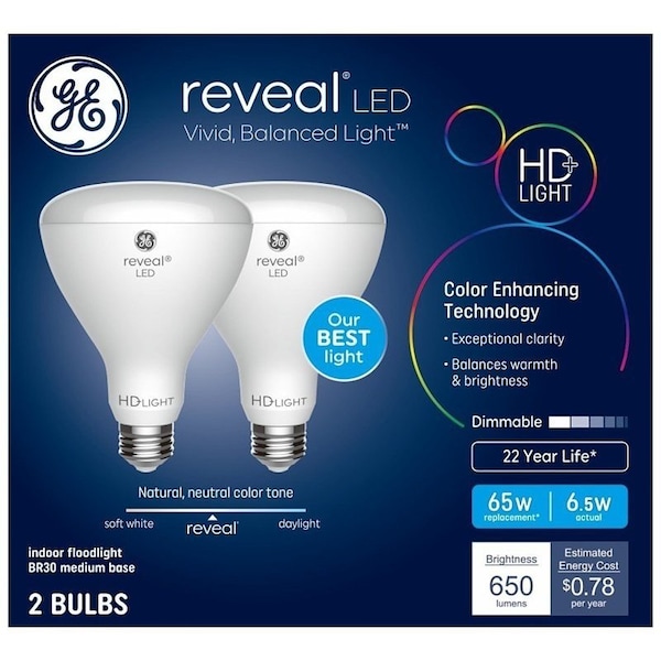 Ge LED Bulb, BR30 Lamp, 65 W Equivalent, Dimmable, Soft White, 2PK 93132027 - main