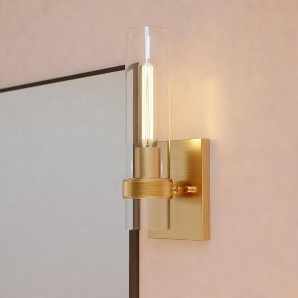 Vaxcel Bari 1 Light Satin Brass Contemporary Wall Sconce with Clear Cylinder Glass W0426 - main
