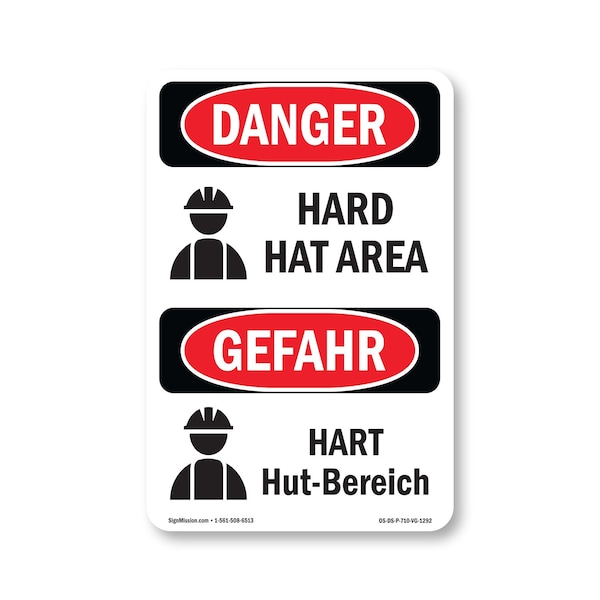 Signmission OSHA Danger Sign, Hard Hat Area Bilingual, 10in X 7in Rigid Plastic, OS-DS-P-710-VG-1292 OS-DS-P-710-VG-1292 - main