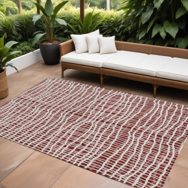 Homeroots 8' X 10' Burgundy And Ivory Striped Washable Indoor Outdoor Area Rug 583411 - main