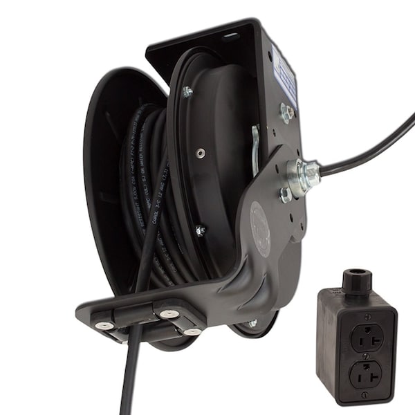 Kh Industries Retractable Cord Reel, 20 Amp, Black Reel, Gfci/Blank Outlet Box, 25ft 12/3 Sjow RTBB3LB-1GB520-J12F - main