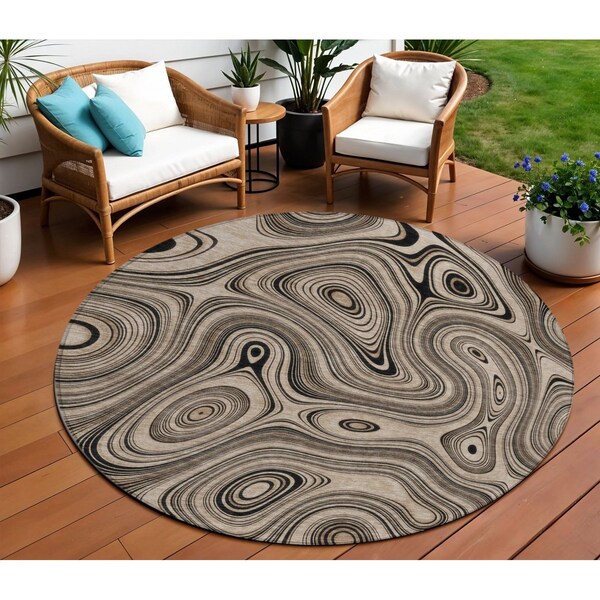 Homeroots 8' Beige And Charcoal Round Geometric Washable Indoor Outdoor Area Rug 631367 - main