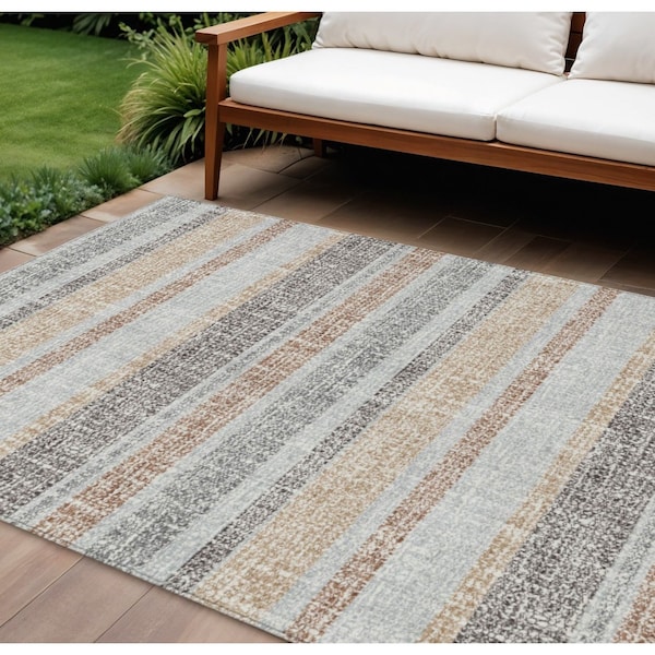 Homeroots 10' X 14' Gray And Silver Striped Washable Indoor Outdoor Area Rug 632220 - main