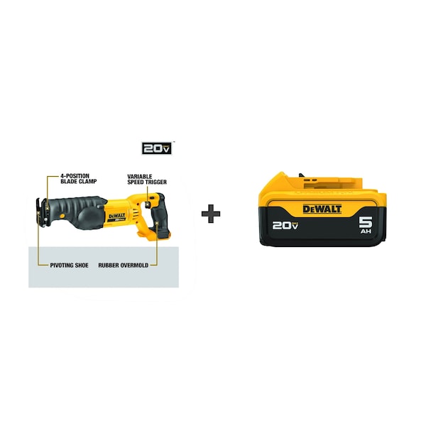 Dewalt Cordless Recip Saw, 3000 SPM, 20VDC DCS380B/DCB205 - main