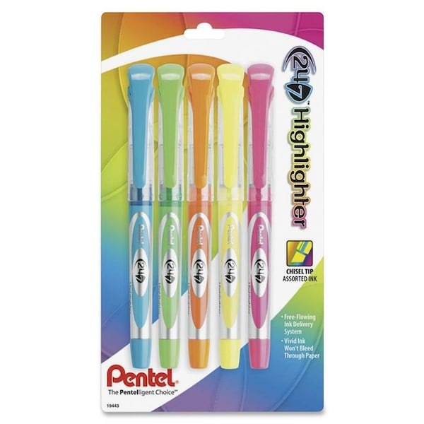 Pentel 24 / 7 Highlighter / Chisel Tip / Yellow / Pink / Blue / Green / Orange Ink / 5 / Pack SL12BP5M - main