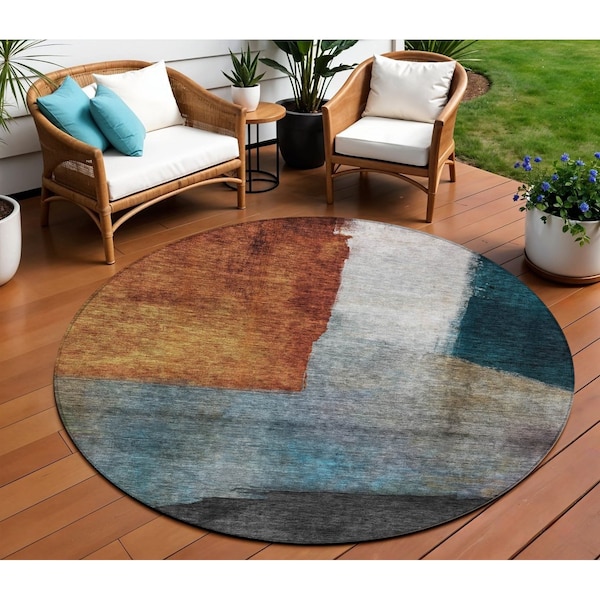 Homeroots 8' Copper Green And Gray Round Abstract Washable Indoor Outdoor Area Rug 603721 - main