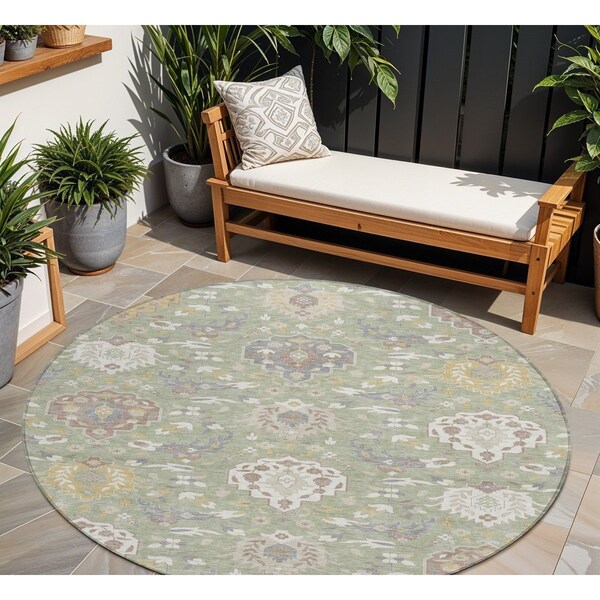 Homeroots 8' Artichoke Green Brown And Ivory Round Damask Washable Indoor Outdoor Area Rug 599390 - main