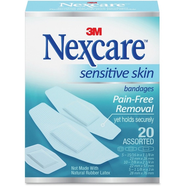 Nexcare Sensitive Skin Adhesive Strip 7/8 X 1-1/4 In., 1-1/8 X 3 In., 15/16 X 1 - 1/8 In. SiliconeWhite Sterile, 20PK SSB-20A - main