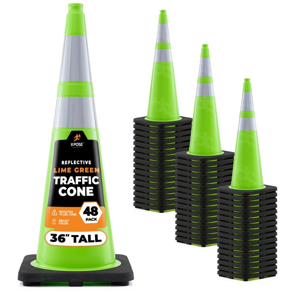 Xpose Safety Traffic Safety Cone, 36 in, Premium PVC, Dual 6 in & 4 in Reflective Collar, Lime Green, 48 pk LTC36-64-48-X - main