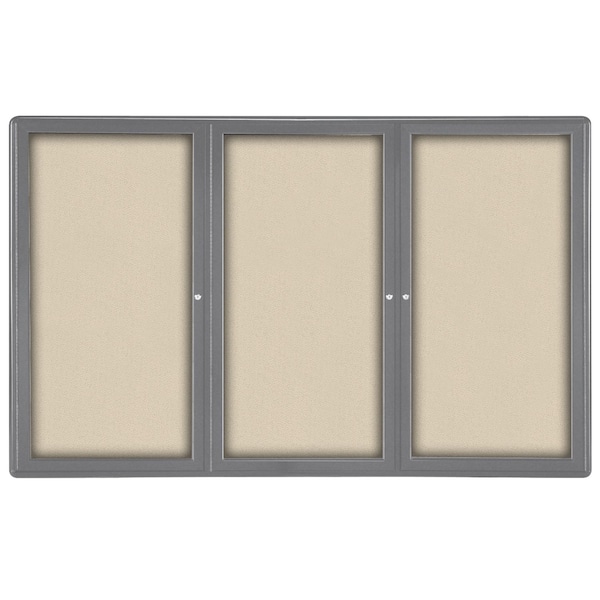 Ghent Ovation 3 Door Enclosed Fabric Bulletin Board, Gray Frame, 4'H x 6'W, Beige OVG5-F90 - main