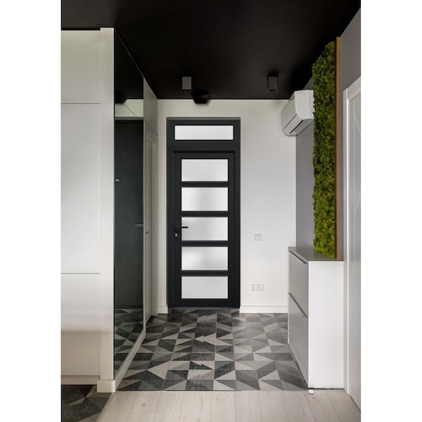 Vdomdoors Front Exterior Prehung FiberGlass Door Frosted Glass / Manux 8002 Matte Black / Transom Window / Of MANUX8002EXD-BLK-W36 x H80+14-LH - main