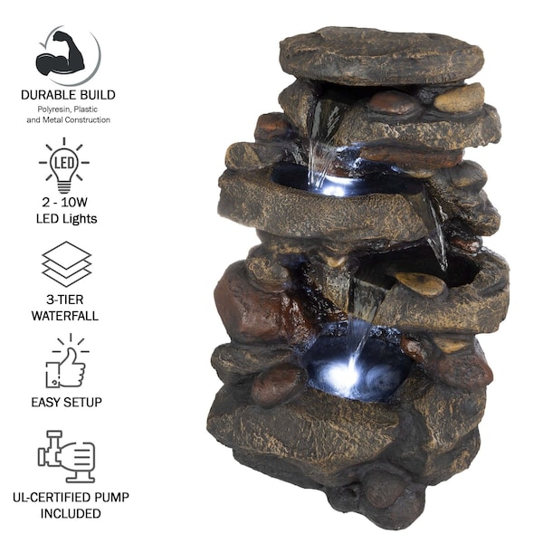 Pure Garden 3-Tier LED Waterfall Fountain, Brown 50-0006 - main