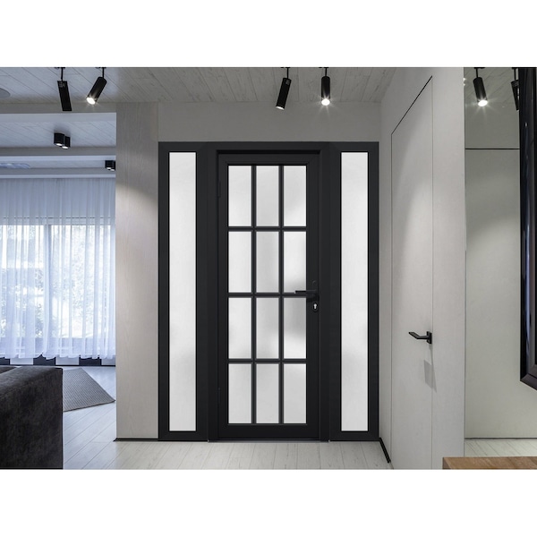 Vdomdoors Front Exterior Prehung FiberGlass Door Frosted Glass / Manux 8312 Matte Black / 2 Sidelight Exterio MANUX8312EXD-BLK-W12+36+12 x H80-RH - main