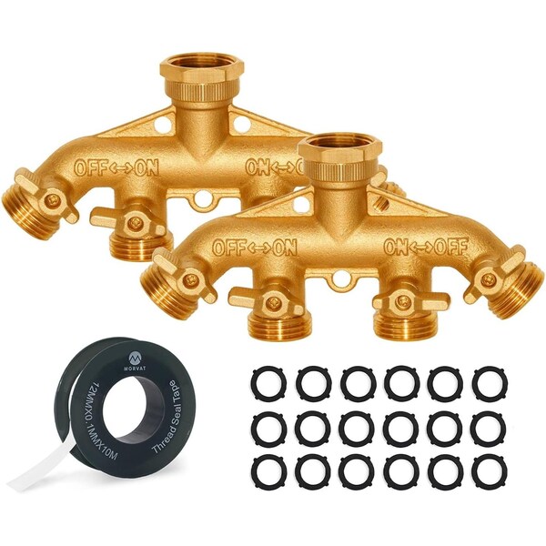Morvat Heavy Duty Hexagonal Brass 4 Way Garden Hose Y Splitter, 2PK MOR-BCONNECTOR-4-2-PACK-A - main