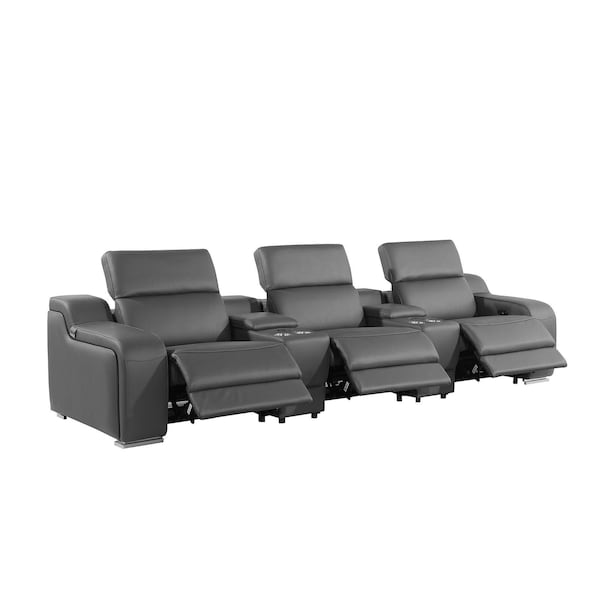 Homeroots 129" Dark Gray Italian Leather Reclining USB Sofa 632877 - main