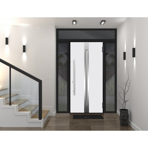 Vdomdoors Steel Door Deux 1744 Natural Oak 2 Sidelight and Transom Black Window Stainless Inserts Single Mode DEUX1744EXD-OAKB-W16+36+16xH80+16-LH-O - main