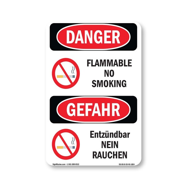 Signmission OSHA Danger Sign, Flammable No Smoking Bilingual, 5in X 3.5in Decal, OS-DS-D-35-VG-1824 OS-DS-D-35-VG-1824 - main