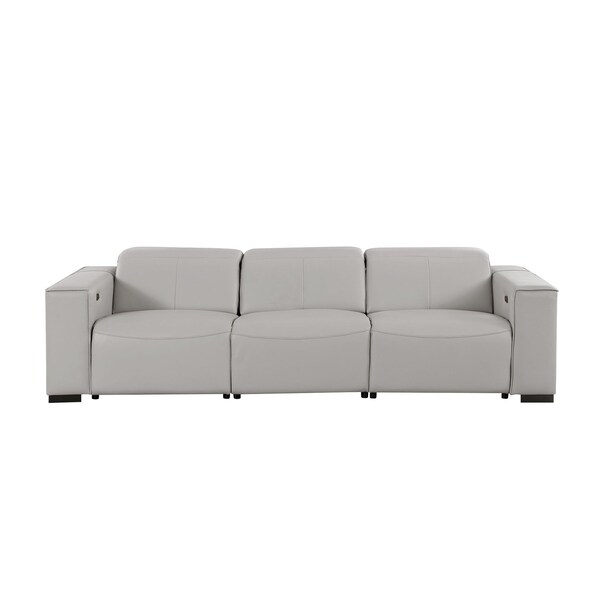 Homeroots 110" Light Gray Top Grain Leather Reclining Metal USB Sofa 720303 - main