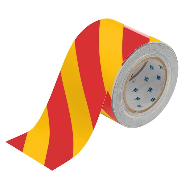 Brady ToughStripe Floor Marking Tape Roll, Diagonal Stripes, Red on Yellow, 4in x 100ft, 100PK 132432 - main