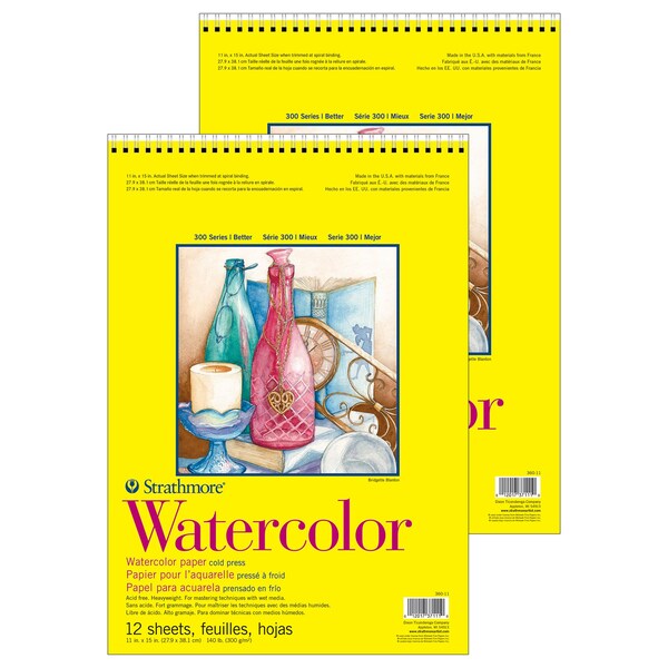 Strathmore 300 Series Watercolor Pad, Cold Pressed, Top Wire Binding, 12 Sheet, 11x15 inch, 2PK P360-11-1 - main