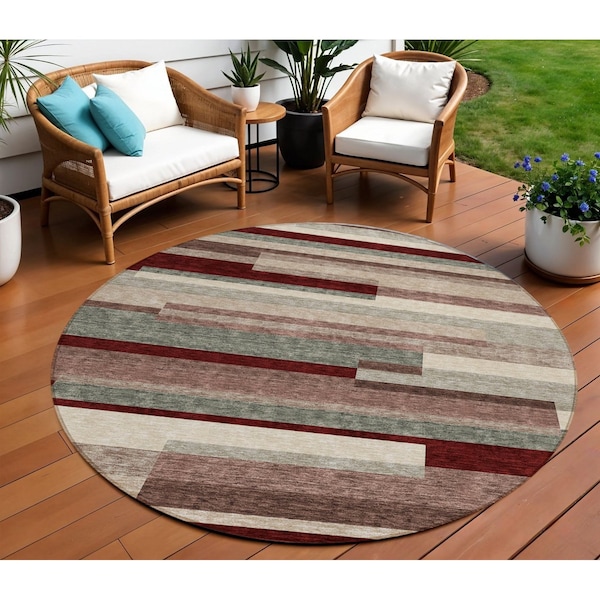 Homeroots 8' Merlot Burgundy And Beige Round Striped Washable Indoor Outdoor Area Rug 613298 - main