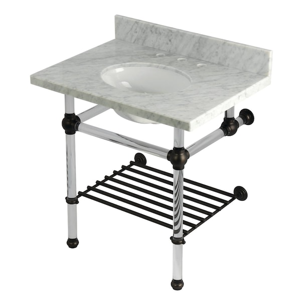 Kingston Brass 30-Inch Carrara Marble Console Sink with Acrylic Legs and Shelf, 8-Inch, 3-Hole KVPB3030MAB5 - main