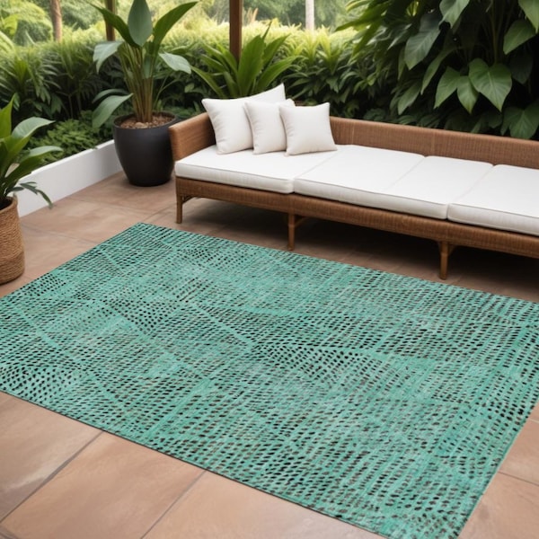 Homeroots 8' X 10' Teal Blue And Charcoal Geometric Washable Indoor Outdoor Area Rug 577604 - main